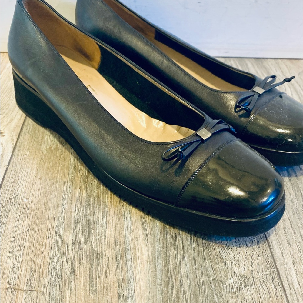 Salvatore Ferragamo Black Leather Wedge Flats with Bow